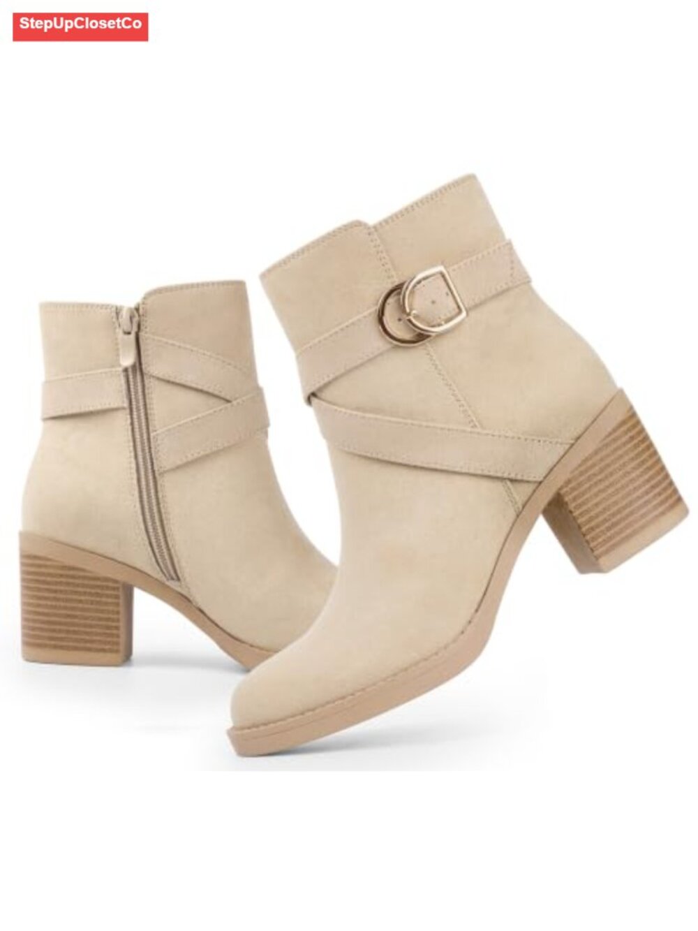 Women's Chunky Stacked Heel Ankle Boots Side Zip Buckle Strap Booties